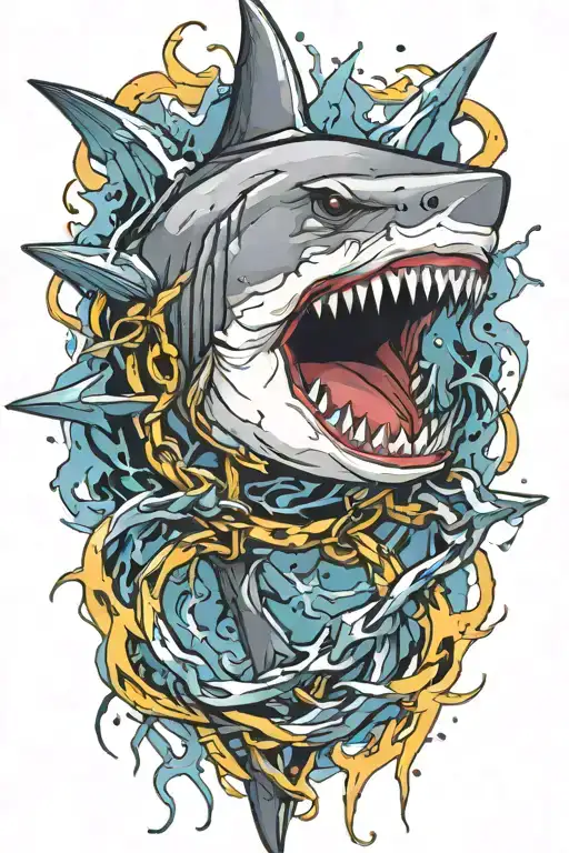 chained scared shark with lightning  tattoo design idea