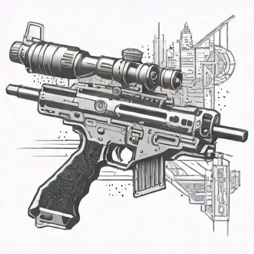 A futuristic cyberpunk cityscape with a sniper rifle silhouette, representing shooters and gaming tattoo design idea