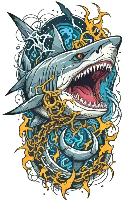 chained shark with lightning  tattoo design idea