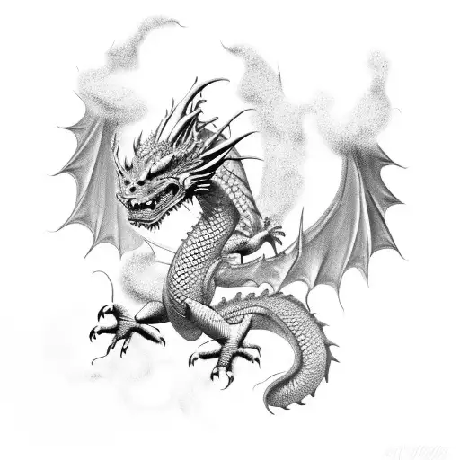 Dragon in a black-grey style surrounded by swirling smoke tattoo design idea