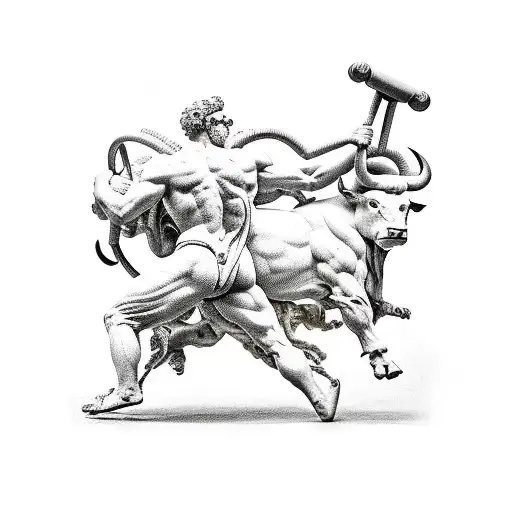 milo of croton carrying the bull on his shoulders tattoo design idea