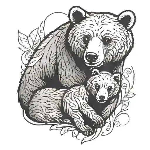 The tattoo depicts a mother bear sitting and hugging her cub tightly against her chest, protecting it from harm. The mot tattoo design idea