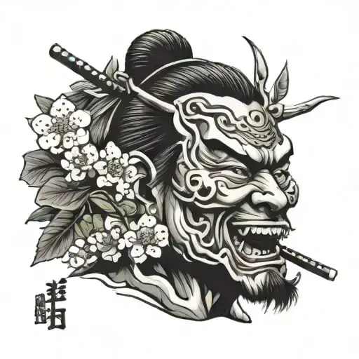 samurai face laugh now cry later sperated with a cherry blossom branch  tattoo design idea