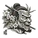 samurai face laugh now cry later sperated with a cherry blossom branch  tattoo design idea