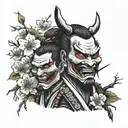 samurai face laugh now cry later sperated with a cherry blossom branch  tattoo design idea
