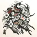 samurai face laugh now cry later sperated with a cherry blossom branch  tattoo design idea
