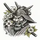 samurai face laugh now cry later sperated with a cherry blossom branch  tattoo design idea