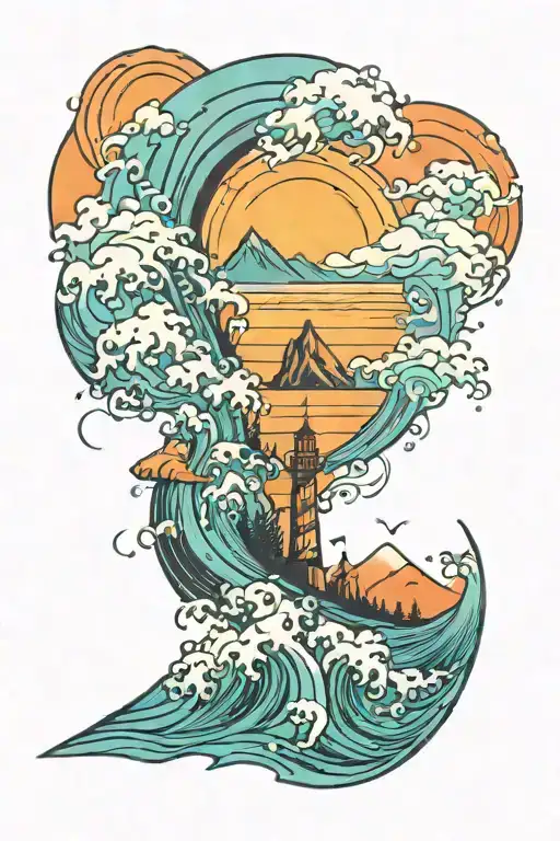 beach, sunset, vibrant, mountains, ocean, wind, waves tattoo design idea