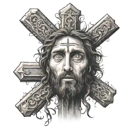 A realistic depiction of a cross with a pair of eyes peeking out from behind it, representing the client's belief in Jesus' constant presence tattoo design idea