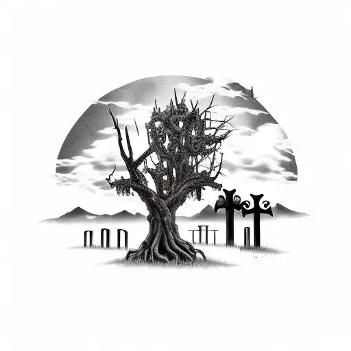 creepy graveyard scene with dead trees, ravens, tombstones, and a crumbling chapel in the background  tattoo design idea
