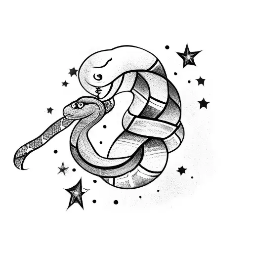 Snake with stars moon in it's body and clouds as the background tattoo design idea