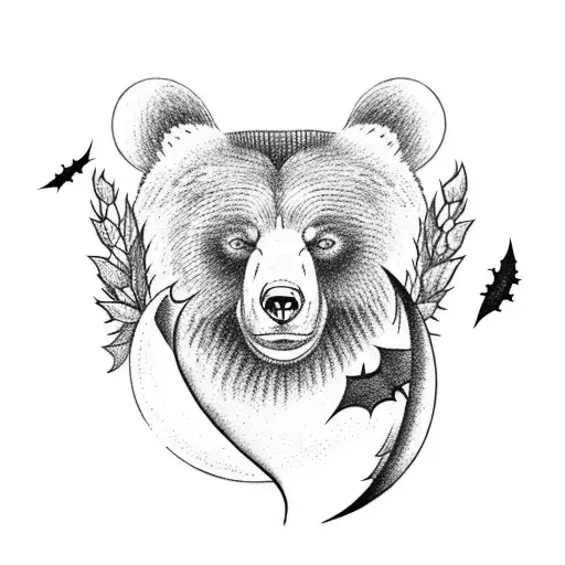 bear looking at moon while bats fly in front of the moon tattoo design idea
