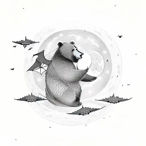bear looking at moon with bats flying by tattoo design idea