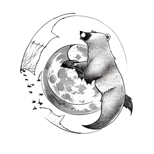 bear looking at moon while bats fly in front of the moon tattoo design idea
