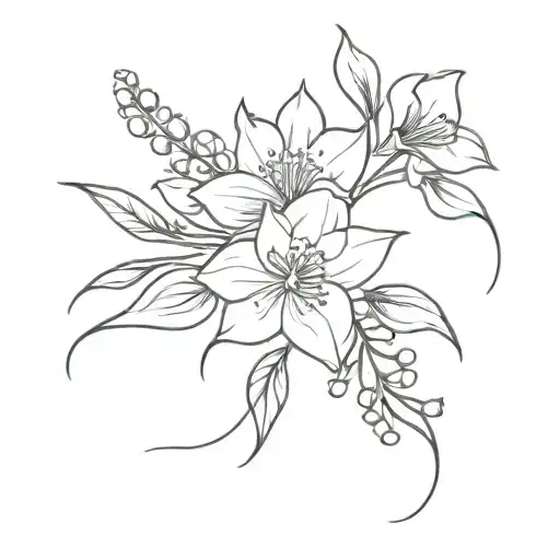 Rose, Daffodil, Lily of the valley, Carnation intertwined tattoo design idea