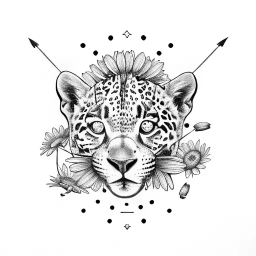 A Jaguar and daisies and a violin and a bee tattoo design idea