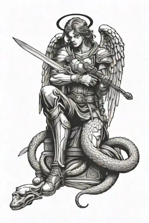 Angel with sword and snake, Soldier silhouette sitting, tattoo design idea