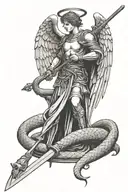 Angel with sword and snake, Soldier silhouette sitting, tattoo design idea