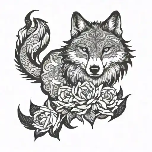 silk and wolf tattoo design idea