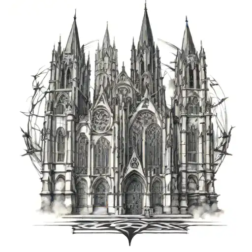 A gothic cathedral with intricate details and eerie atmosphere tattoo design idea
