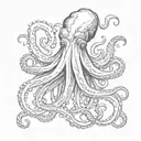 Kraken: A drawing of a large squid with intertwined tentacles tattoo design idea