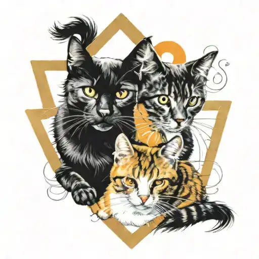 1 black cat, 1 black and white cat and 1 orange tabby cat in a renaisance triangle style tattoo design idea