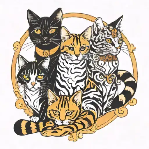 1 black cat, 1 tuxedo cat and 1 orange tabby cat in a renaisance triangle style tattoo design idea