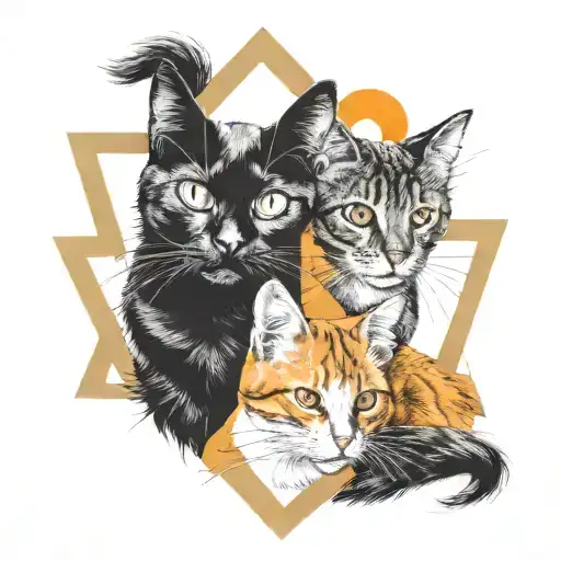 1 black cat, 1 black and white cat and 1 orange tabby cat in a renaisance triangle style tattoo design idea