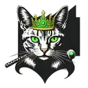 1 tabby cat with green eyes wearing a crown and holding a scepter tattoo design idea