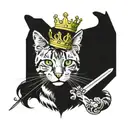 1 tabby cat with green eyes wearing a crown and holding a scepter tattoo design idea