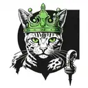 1 tabby cat with green eyes wearing a crown and holding a scepter tattoo design idea