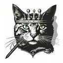 1 tabby cat with green eyes wearing a crown and holding a scepter tattoo design idea
