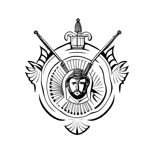 a minimalist Roman Spear head with stoic inscriptions in latin beneath it  tattoo design idea