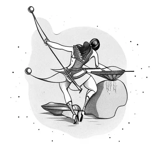 woman balancing on one foot shooting a bow and arrow tattoo design idea