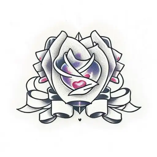 neo traditional but very femenine heart with ribbon and flowers around it. The ribbon has the name Luna Regina tattoo design idea