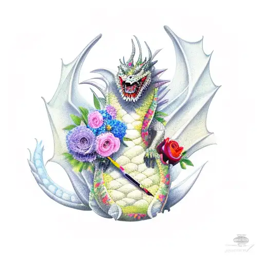 A realistic depiction of a dragon holding a paintbrush and surrounded by a vibrant bouquet of flowers tattoo design idea