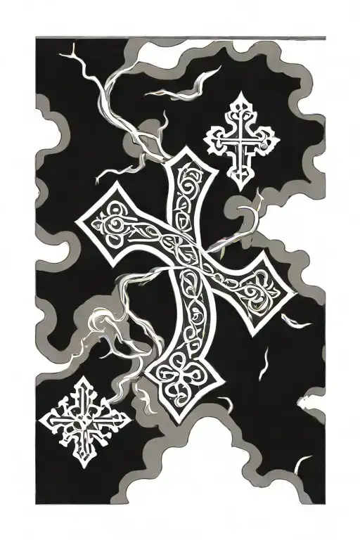 A tattoo with intricate Celtic knots and Nordic runes, three Celtic crosses on a hill, a Chi Rho symbol a phoenix rising tattoo design idea