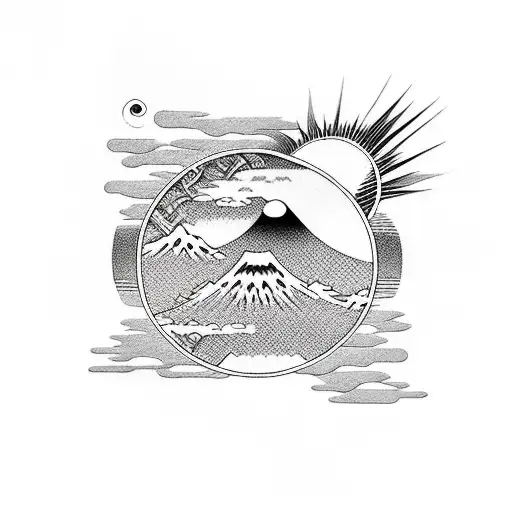 rectangle with a japanese scenery inside it with the setting sun in the background tattoo design idea