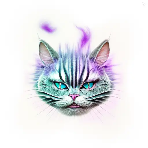 Cheshire Cat in two halves. Each half is coming out of a dark cloud.  tattoo design idea