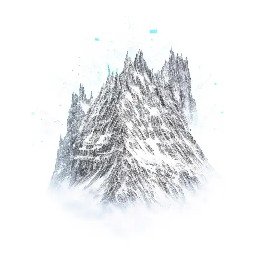 An intricate mountain range with dollar bills flowing down like a waterfall tattoo design idea