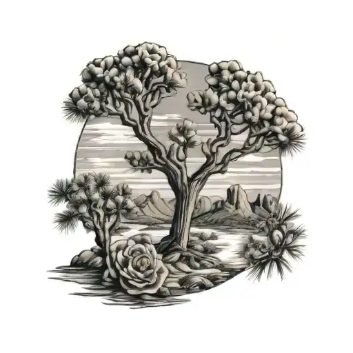 rose and joshua tree by ocean waves crashing tattoo design idea