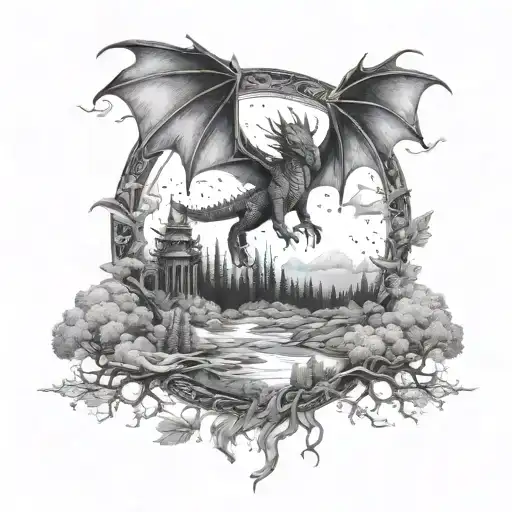 A mystical forest with a dragon flying in the sky tattoo design idea