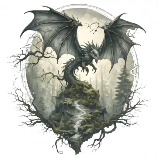 A mystical forest with a dragon flying in the sky tattoo design idea