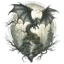 A mystical forest with a dragon flying in the sky tattoo design idea
