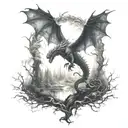 A mystical forest with a dragon flying in the sky tattoo design idea