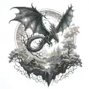 A mystical forest with a dragon flying in the sky tattoo design idea