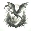 A mystical forest with a dragon flying in the sky tattoo design idea