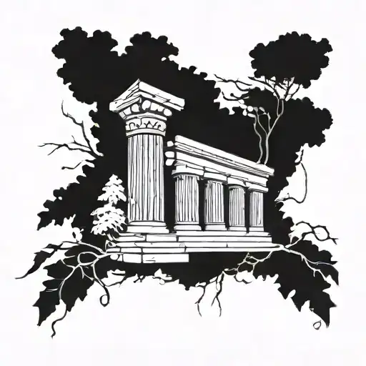 An ancient Greek pillar intertwined with tree branches symbolizing strength and growth tattoo design idea