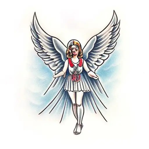an bible's angel whit eyes in her wings tattoo design idea