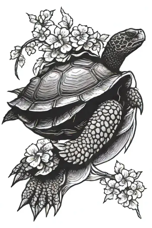 turtle with a sakura tree with daggers tattoo design idea